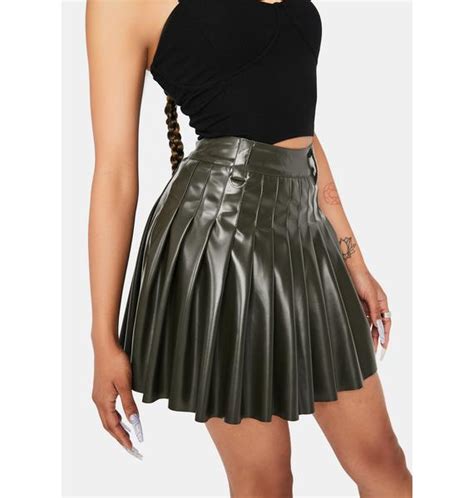 Pleated Vegan Leather Skirt With D Rings Olive Dolls Kill