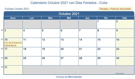 Calendario Octubre 2021 Para Imprimir Cuba