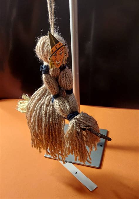 Yarn Halloween Witch Doll On Broom Handmade Ornament Etsy