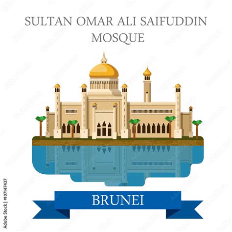Sultan Omar Ali Saifuddin Mosque Brunei Vector Flat Attraction Stock
