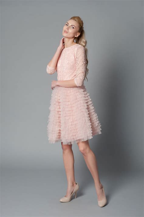 Blush Pink Lace Overlay Midi Dress With Layered Skirt Le Parole