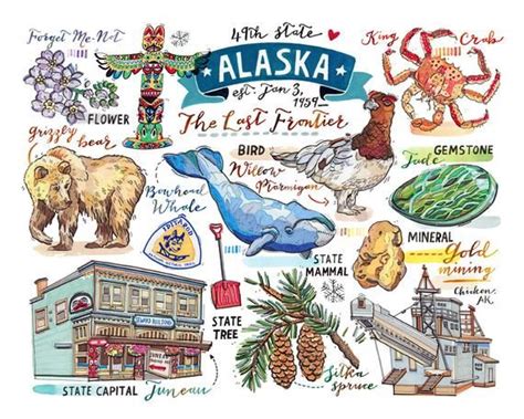 Alaska Print Illustration Map State Symbols Bird Flower Juneau