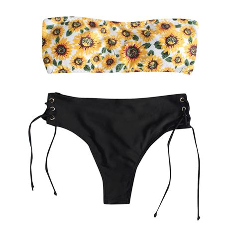 Ishowtienda Sunflower Tube Top Two Piece Suit Off Shoulder Swimwear
