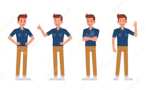 Man Wear Blue Jeans Shirt Character Set Premium Vector