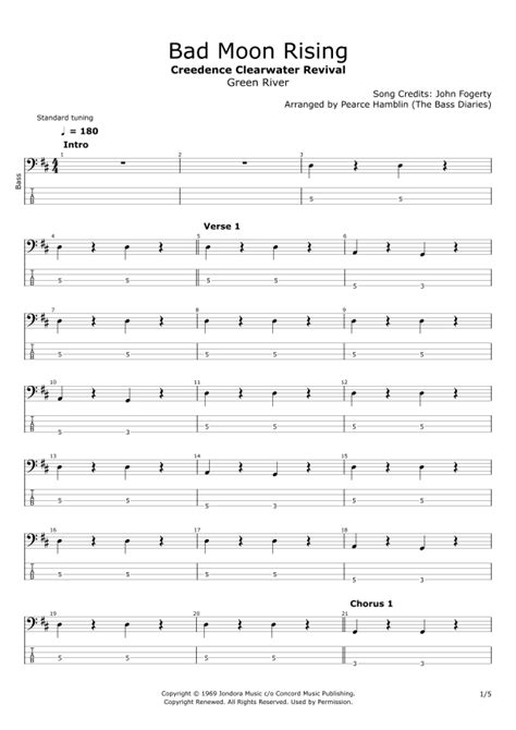Bad Moon Rising Sheet Music Creedence Clearwater Revival Bass