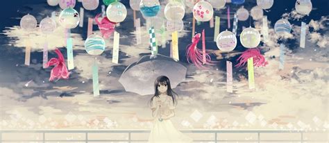2482x1080 Anime Girls Umbrella Lantern Fantasy Art Wallpaper
