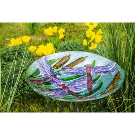 Evergreen 18 Hand Painted Bird Bath With Crushed Glass Dragonflies