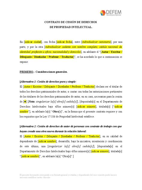 Contrato De Cesión De Derechos De Autor Defem Pi Cda Autor