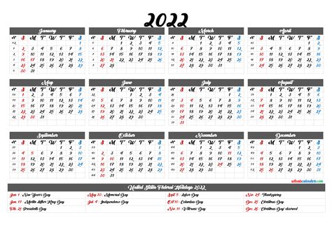 2022 One Page Calendar Printable 6 Templates