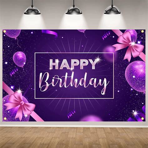 Purple Happy Birthday Backdrop Banner Glitter Balloon Bow Background Decorations For