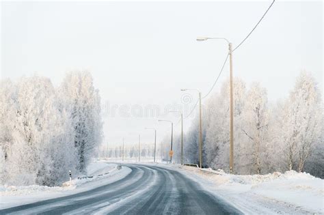 Winter Road And A Snowy Forest Of Cold Finland Stock Photo Image Of