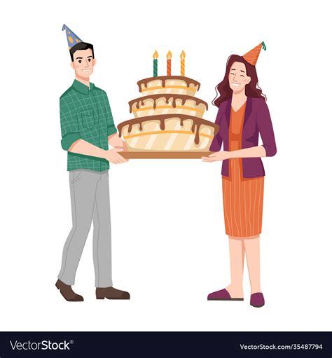 Woman And Man Holding Birthday Cake With Candles Vector Image