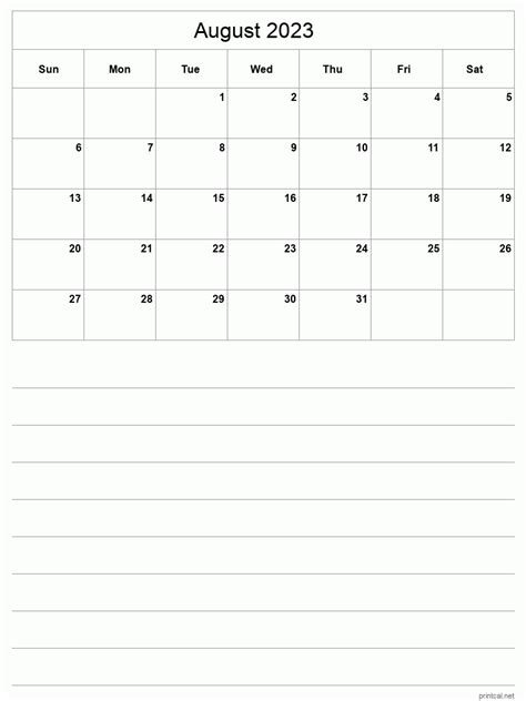 Printable August 2023 Calendar Half Page With Notesheet