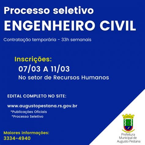 Prefeitura Abre Processo Seletivo Para Engenheiro Civil Prefeitura Municipal De Augusto Pestana