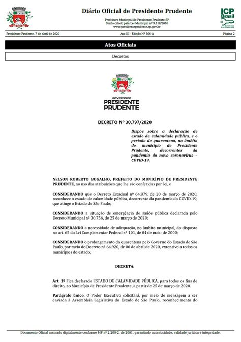 Decreto Municipal Declara Estado De Calamidade Pública Em Presidente Prudente E Oficializa