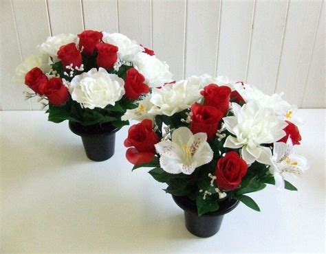 red and cream rose artificial grave flower arrangement in crem pot vase 30cm pair one of each