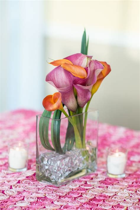 Simple Pink And Orange Calla Lily Twist Floral Centerpiece With Glass