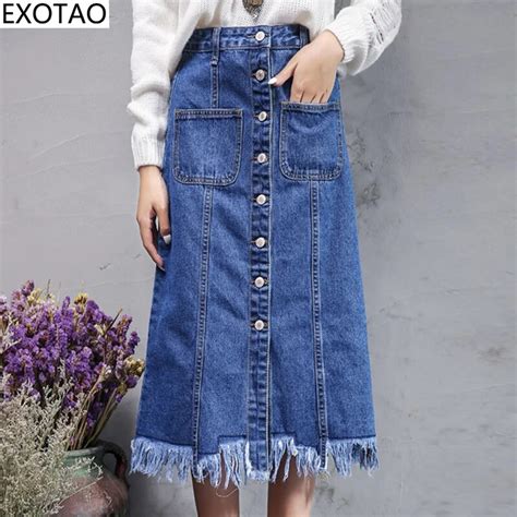 Buy Exotao Single Breasted Tassel Jeans Skirts For Women High Waist Denim