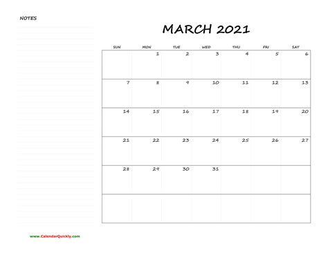 March Blank Calendar 2021 With Notes Calendar Quickly