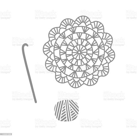 Vector Hand Drawn Illustration Of Crocheted Doily Crochet Hook And Skein Knitting And Crochet