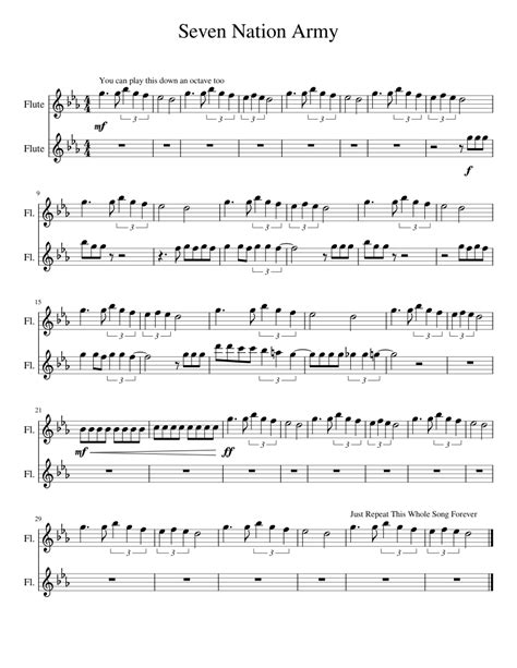 Seven Nation Army Sheet Music For Flute Woodwind Duet