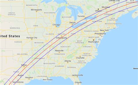 The northern and southern path limits are blue and the central line is red. First look at the 2024 total solar eclipse - Astronomy Magazine - Interactive Star Charts ...