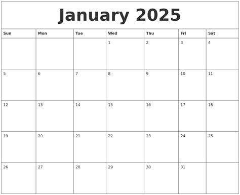 January 2025 Blank Monthly Calendar Pdf