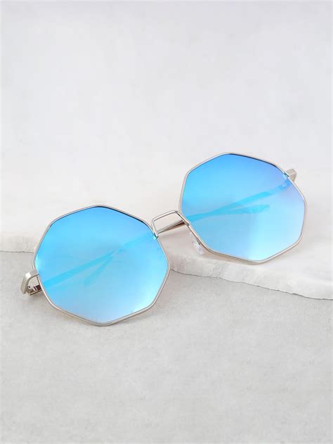Shop Octagonal Irridescent Sunglasses Blue Online Shein Offers Octagonal Irridescent Sunglasses