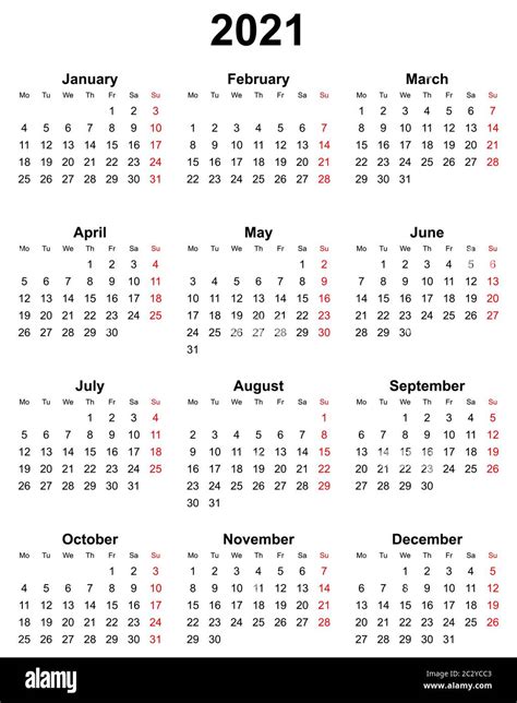 Simple Editable Vector Calendar For Year 2021 Sundays In Red Mondays