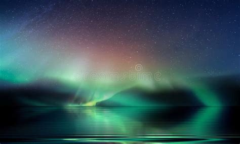 Green Blue Aurora Borealis On Starry Sky Northern Sea Wave Reflection