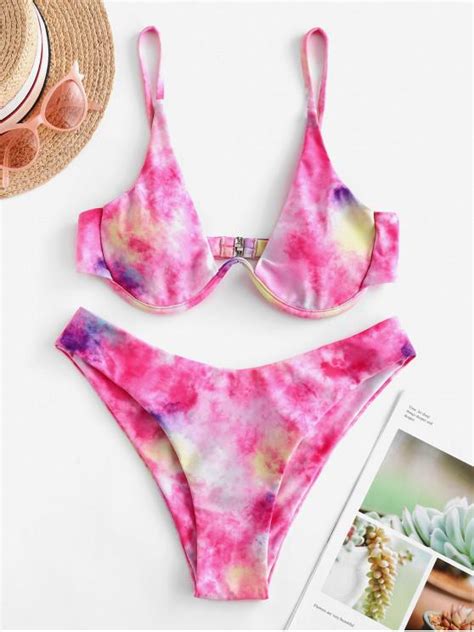 Off Zaful Underwire Tie Dye Bikini Swimsuit In Hot Pink Zaful