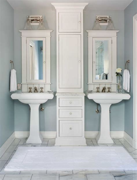A corner pedestal bathroom sink can bring both form and function into even the most limited of bathroom spaces. double pedestal sink Bathroom Traditional with medicine cabinets blue bathroom | Small master ...