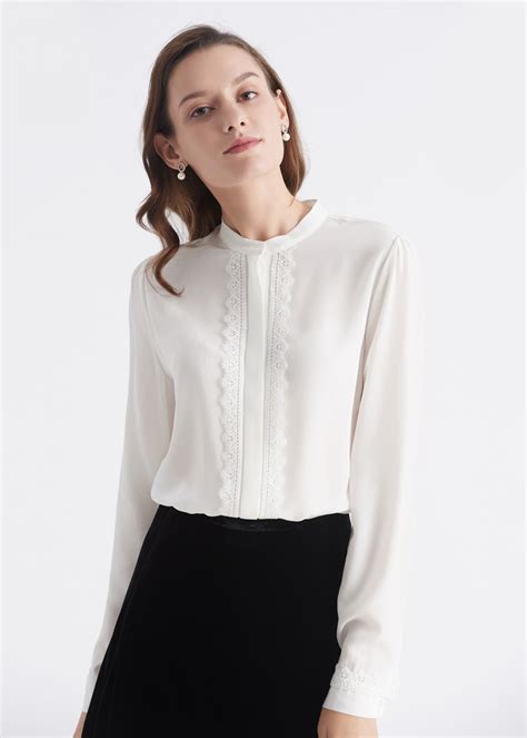 Stand Collar Lace Trim Silk Blouse Victorian Blouse Blouses For