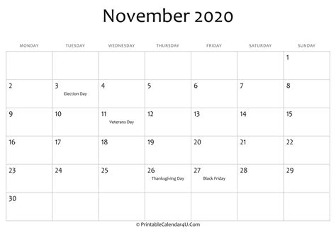 November 2020 Printable Calendar With Holidays Paul Smith