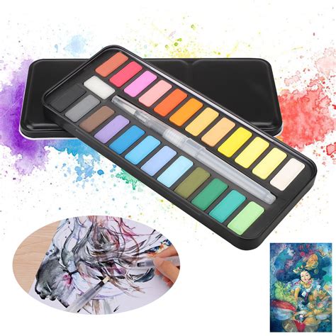 Watercolor Paint Set 24 Vivid Colors In Metal Box With Bonus Watercolor Brush Travel
