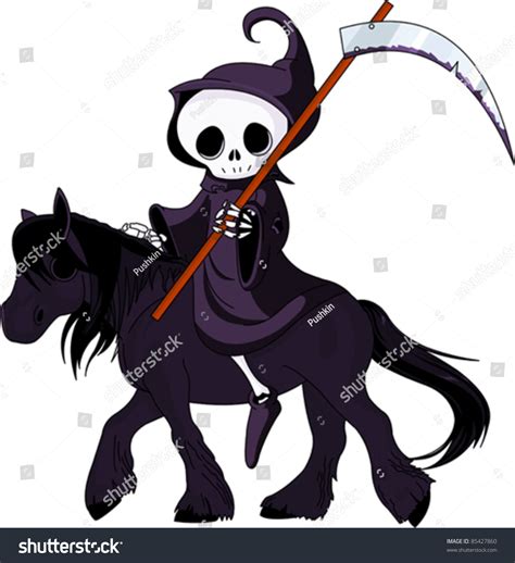 Cute Cartoon Grim Reaper With Scythe Riding Black Horse