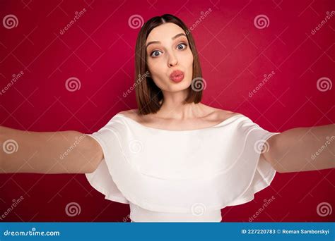 Photo Of Young Attractive Girl Pouted Lips Send Air Kiss Make Selfie