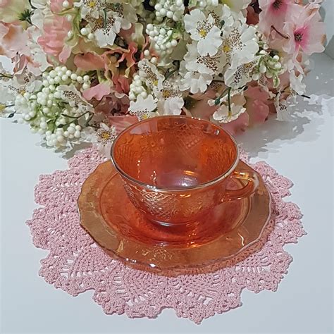 Federal Glass Normandie Marigold Iridescent Carnival Glass Tea Cup And Saucer Bouquet And