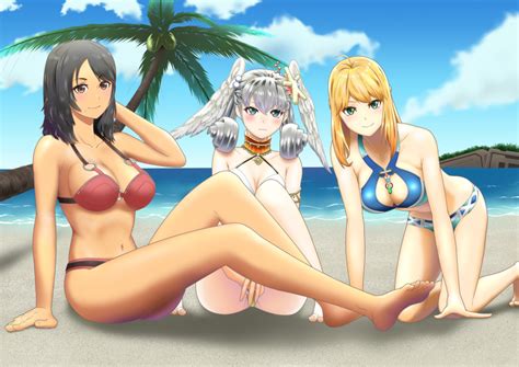 Hentai Blonde Girls Absurd Res Ahoge Alluring Ass Beach Between Legs Big Breasts Bikini