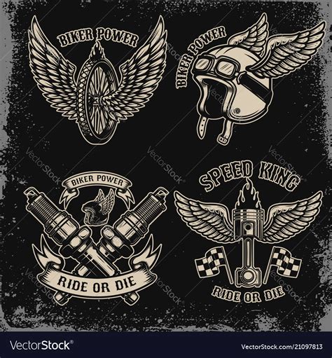 Set Of Vintage Biker Motorcycle Emblems On Dark Vector Image