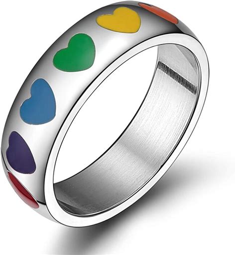 Lesbian Pride Rings For Women Titanium Steel Rings Heart 6mm Rainbow Heart Pride Jewellery