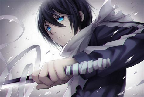 Anime Noragami Yato Katana Blue Eyes Black Hair Boy Weapon Sword Scarf