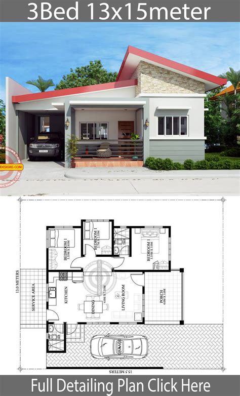 Home Design Plan 13x15m With 3 Bedrooms House Plans 3d