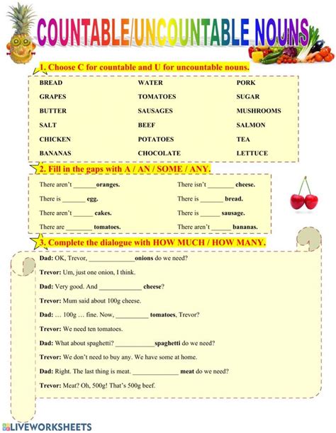 Countable And Uncountable Nouns Interactive Worksheet Social Media