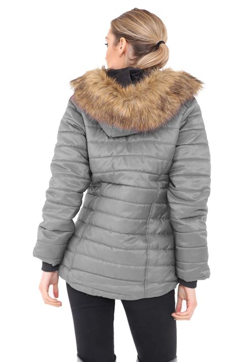 new ladies women fur hooded quilted padded puffer bubble jacket parka thick coat ebay