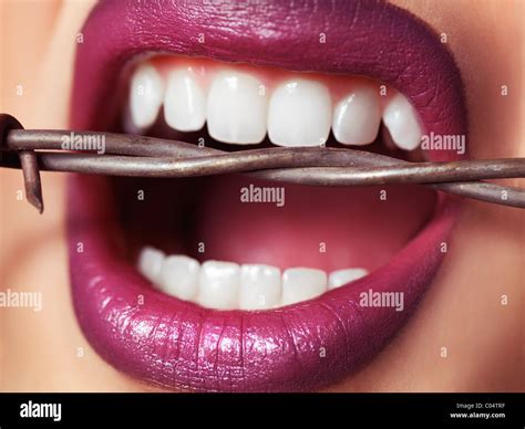Closeup Of Womans Mouth With Strong Healthy Teeth Biting Into Barbed