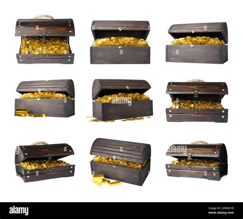 Set With Treasure Chests Full Of Gold Coins On White Background Stock