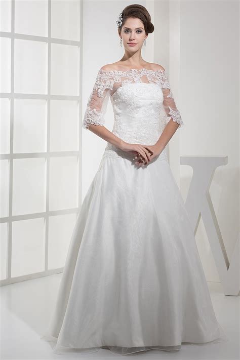 Elegant A Line Off The Shoulder Half Sleeve Lace Satin Wedding Dress No