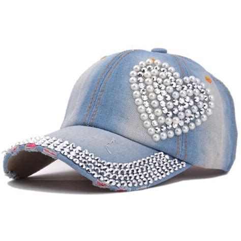 Fashion Women Girls Plain Cute Outdoor Blue Caps Heart Shape Rhinestone Denim Baseball Cap Hat