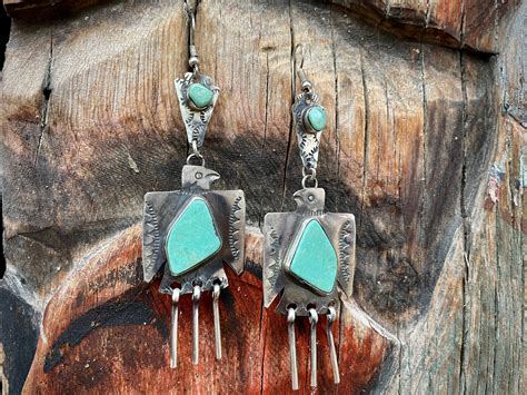 Navajo Vernon Begay Stamped Silver Turquoise Thunderbird Dangle